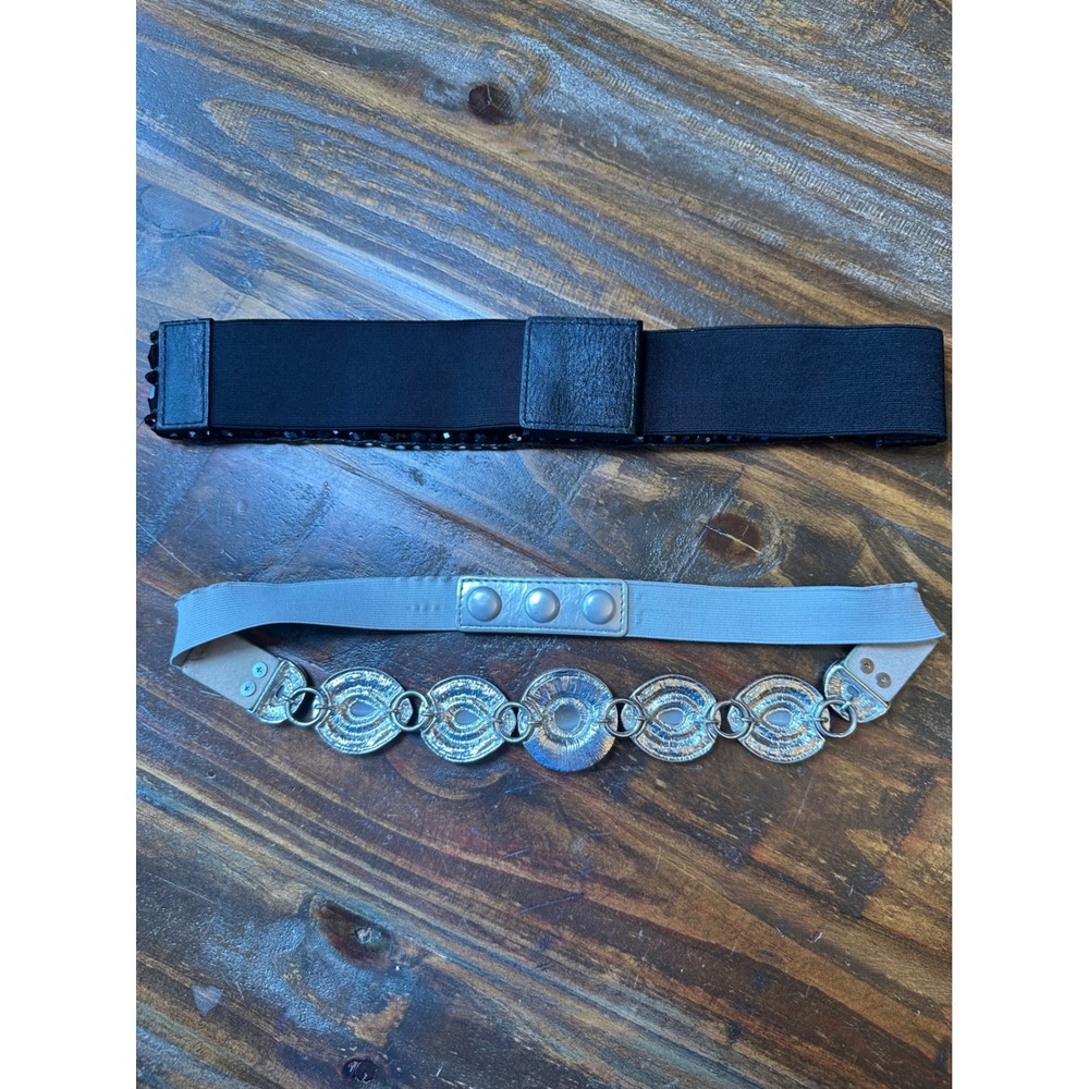 Set of 2 Women Elastic Cinch Belts Black Beaded & Silver Medallion Boho Retro - Picture 8 of 13